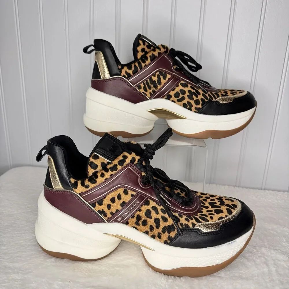 MICHAEL KORS Sz 10 M Olympia Trainer Cheetah Leopard Platform Calf Hair Mesh 10M